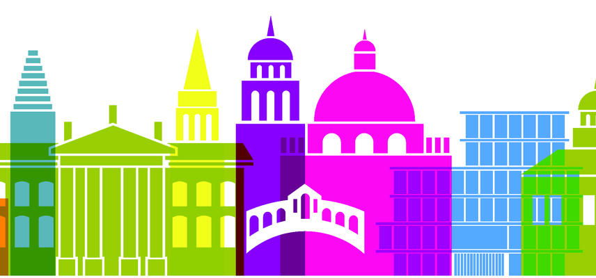 A graphical representation of the Oxford skyline with numerous colourful buildings in outline