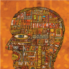 Orange painting of the profile of a face, made up of words associated with ethics 