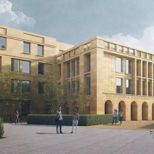 An artistic impression of the Schwarzman Centre in the daytime - it is a four-storey sandstone building with many windows and different facets.