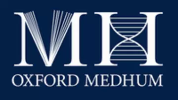 The capital letters M and H in white with book and helix detail against a dark blue background