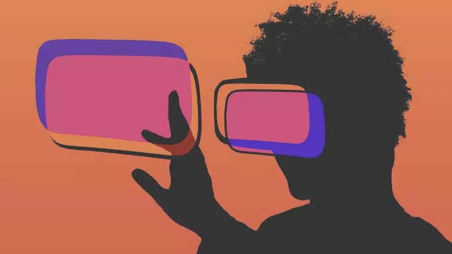Graphic of a person in silhouette wearing a headset and tapping a screen