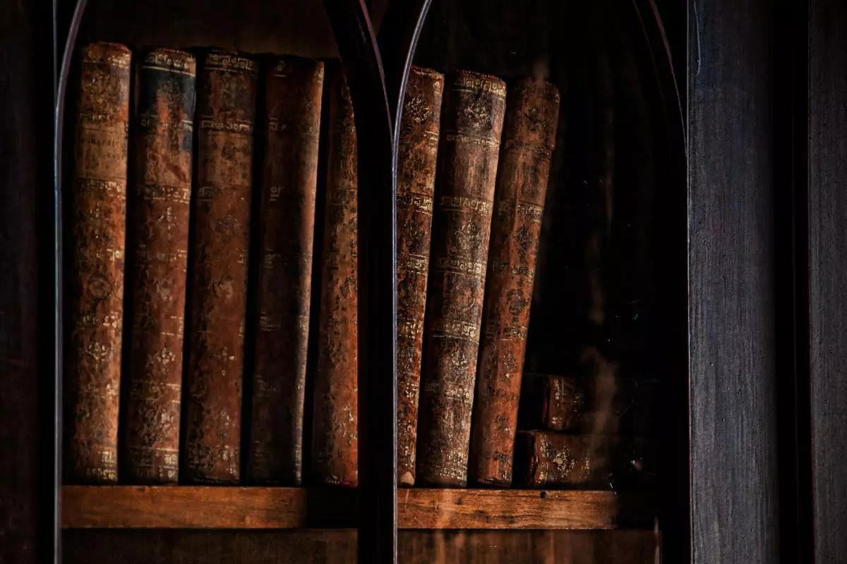 Old leather-bound books framed by dark shadows