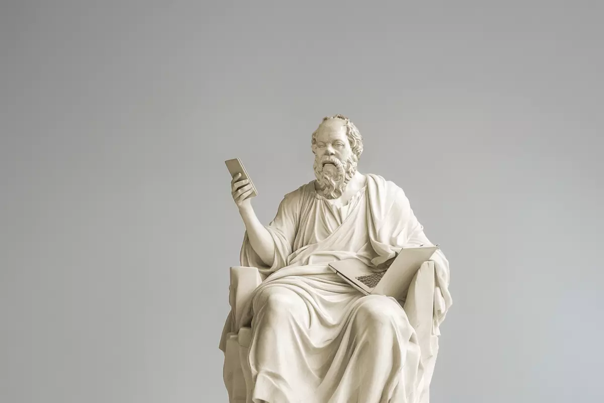 A classical scupture of Socrates holding a mobile phone and laptop